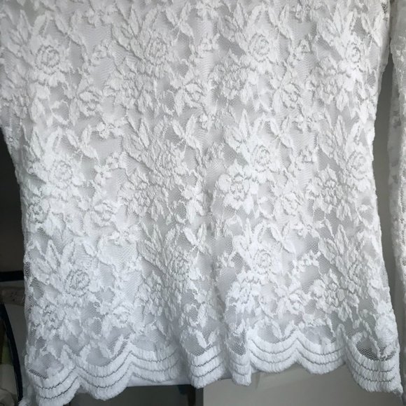 White Ivory Floral Embroidered Lace Double Layered Sheer Long Sleeve Top - Picture 6 of 16